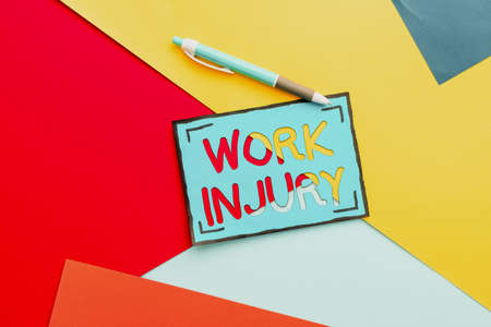Conceptual caption Work Injury. Word Written on Accident in job Danger Unsecure conditions Hurt Trauma Colorful Perpective Positive Thinking Creative Ideas And Inspirationsの写真素材