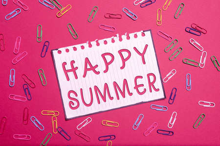 Hand writing sign Happy Summer. Word for Beaches Sunshine Relaxation Warm Sunny Season Solstice Brainstorming Problems And Solutions Asking Relevant Questionsの写真素材
