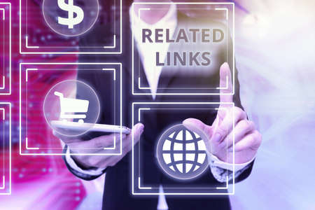 Handwriting text Related Links. Internet Concept Website inside a Webpage Cross reference Hotlinks Hyperlinks Lady In Uniform Holding Phone Pressing Virtual Button Futuristic Technology.の写真素材