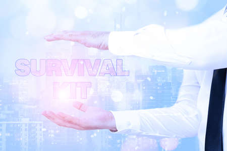 Sign displaying Survival Kit. Concept meaning Emergency Equipment Collection of items to help...