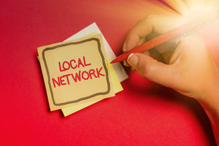 Sign displaying Local Network. Conceptual photo Intranet LAN Radio Waves DSL Boradband Switch Connection Writing Notes And Important Ideas New Bulletin Board Designsの写真素材