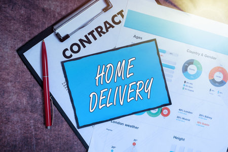 Text showing inspiration Home Delivery. Business showcase All checkout items are directly sent to the buyer s is home New Contract Signing Home Insurance Plans Loan Instalation Dealsの写真素材