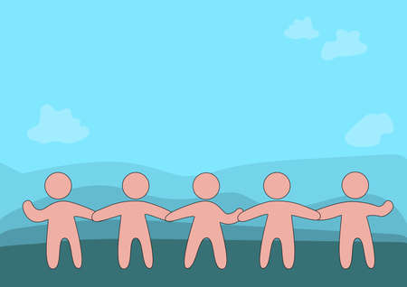 Five Standing People Drawing Holding Hands Showing Team Support And Harmony. Colleagues Touching...