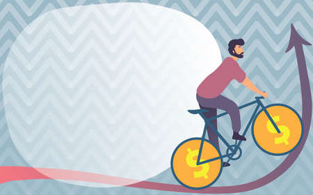 Man Drawing Travelling Using Bike With Dollar Sign Wheels Going Upward. Young Sports Athlete Riding Bicycle With Currency Wheel Design Heading Upwards.のイラスト素材