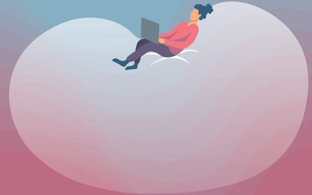 Lady Drawing Sitting Back On A Large Bean Bag Using Laptop. Woman Relaxing And Laying Down On A Large Foam Pillow While Browsing Portable Computer.のイラスト素材