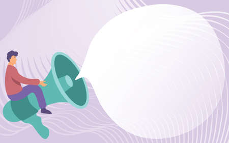 Gentleman Drawing Riding Big Megaphone Showing Speech Bubble. Man Sitting On Voice Amplifier With Conversation Balloon Exhibiting News Messages.のイラスト素材
