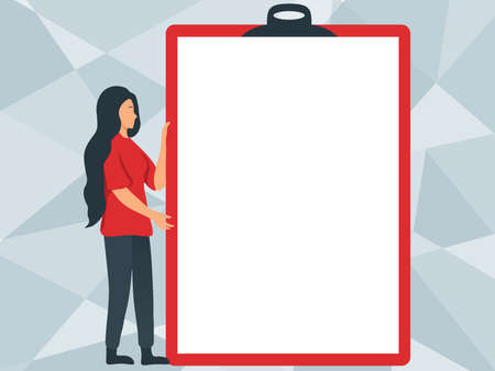 Woman Drawing Holding A Big Empty Clipboard Showing New Meaning. Young Lady Grabbing A Huge Blank...