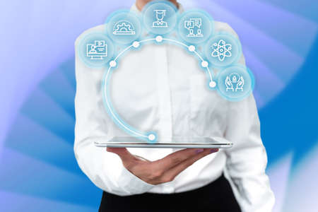 Lady In Uniform Standing Holding Tablet In Hand Presenting Virtual Modern Technology. Business Woman...
