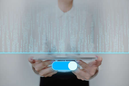 Lady In Uniform Standing Holding Tablet Presenting Late Tech Knowledge. Business Woman Carrying Pad...