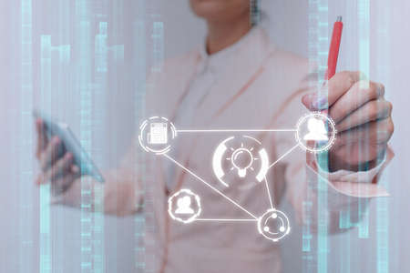 Lady In Uniform Touching Different Application In Projected Hologram. Business Woman In Suit Holding...