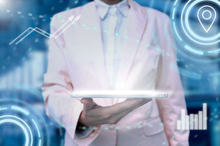 Lady In Uniform Standing Holding Tablet In Hand Presenting Virtual Modern Technology. Business Woman...