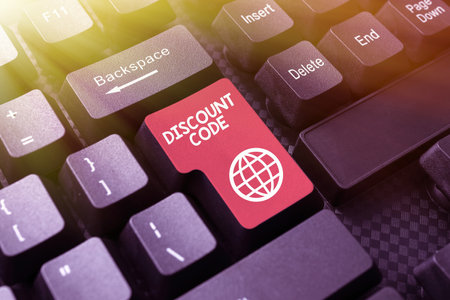 Conceptual display Discount Code. Concept meaning to reduce the price of a product with an individualalized voucher Retyping Download History Files, Typing Online Registration Formsの写真素材