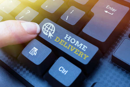 Text showing inspiration Home Delivery. Business concept All checkout items are directly sent to the buyer s is home Typing New Blog Contents, Writing Movie Scripts, Creating Computer Codesの写真素材