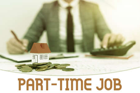 Conceptual display Part Time Job. Conceptual photo Weekender Freelance Casual OJT Neophyte Stint Seasonal New home installments and investments plans represeneted by ladyの写真素材