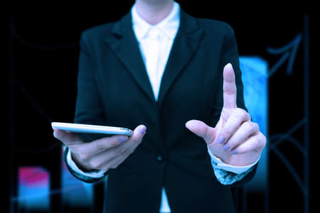 Lady In Uniform Standing Holding Phone In Hand Pressing Virtual Globe Button, Bussiness Woman...