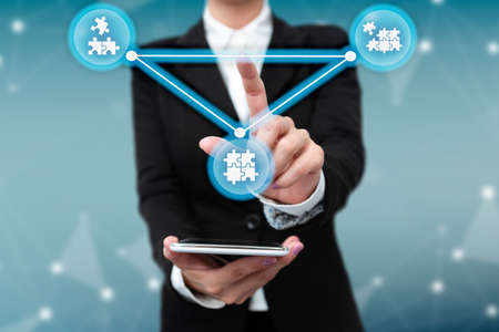 Lady In Uniform Side Standing Holding Tablet In Hand Virtually Toching On Screen. Bussiness Woman...