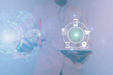 Woman In Uniform Standing Holding Tablet Showing Futuristic Virtual Interface. Lady In Suit Using...