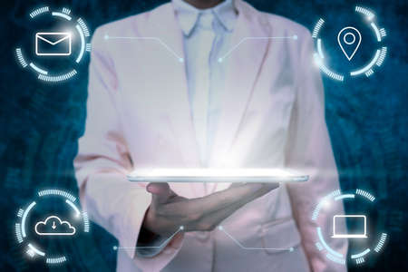 Lady In Uniform Standing Holding Tablet In Hand Presenting Virtual Modern Technology. Business Woman...