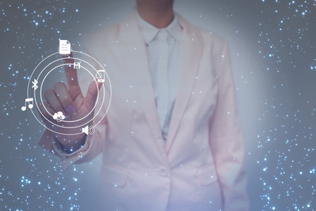 Lady In Uniform Side Standing Holding Tablet In Hand Virtually Toching On Screen. Bussiness Woman Carrying Tab Writing New Futuristic Technologies.の写真素材