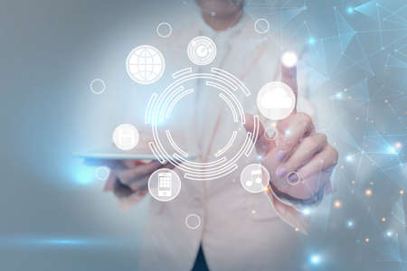 Business Woman Touching Futuristic Virtual Display Technology, Lady In Uniform Using Mobile Device...