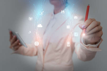 Business Woman Standing And Using Phone While Presenting New Futuristic Virtual Display. Lady In...