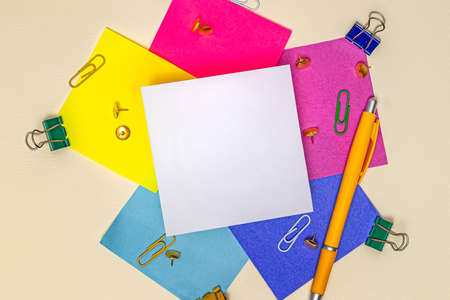 Multiple Assorted Collection Office Stationery Photo With Pens Pencils Notepads Notebook Ruler Stapler Scissors Clippers Paper Clips Holders Clipboard Placed Over Tableの写真素材