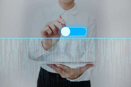 Lady In Uniform Standing Holding Tablet And Virtually Typing With Pen. Business Woman Carrying Pad...