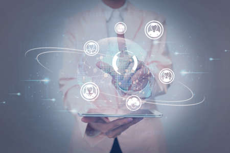Lady In Uniform Side Standing Holding Tablet In Hand Virtually Toching On Screen. Bussiness Woman...