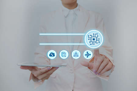 Lady In Uniform Standing Holding Tablet And Pressing On Virtual Button. Business Woman Carrying Pad...
