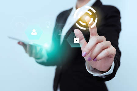 Woman In Uniform Side Standing Carrying Phone Tapping Futuristic Virtual Display Icons. Lady In Suit...