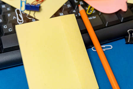 Multiple Assorted Collection Office Stationery Photo With Pens Pencils Notepads Notebook Ruler Stapler Scissors Clippers Paper Clips Holders Clipboard Placed Over Tableの写真素材