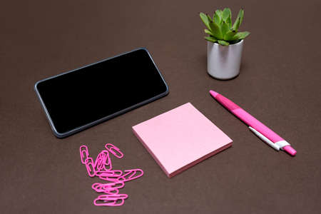 Blank Notes Writing New Messege Updates Ideas Next To Mobile. Showing Envelope Folding Sending Letters Post Address And Email Phone.の写真素材