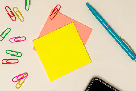 Multiple Assorted Collection Office Stationery Photo With Pens Pencils Notepads Notebook Ruler Stapler Scissors Clippers Paper Clips Holders Clipboard Placed Over Tableの写真素材