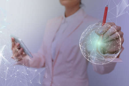 Woman In Suit Holding Tablet With Circular Holographic Technology Display. Lady In Uniform...
