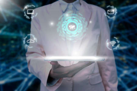 Lady In Uniform Standing Holding Tablet In Hand Presenting Virtual Modern Technology. Business Woman...