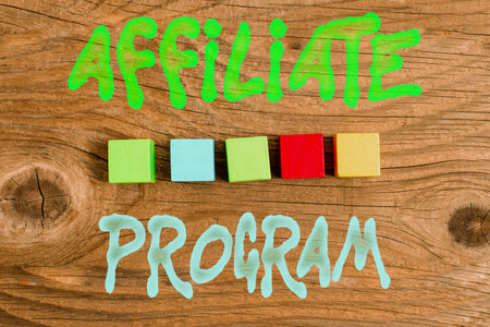 Inspiration showing sign Affiliate Program. Business idea automated electronic program that involve a web advertiser Stack of Sample Cube Rectangular Boxes On Surface Polished With Multi-Colourの写真素材