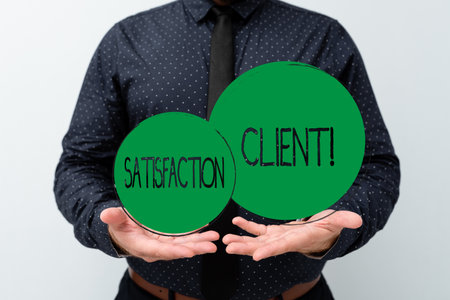 Handwriting text Satisfaction Client. Business overview benefits which customers get from purchasing productsの写真素材
