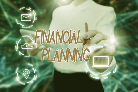 Handwriting text Financial Planning. Internet Concept determining how a business will afford to achieve goal Lady In Uniform Holding Tablet In Hand Virtually Typing Futuristic Tech.の写真素材