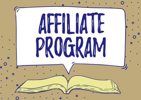 Conceptual display Affiliate Program. Business idea automated electronic program that involve a web advertiser Open Book illustration With Speech Bubble Presenting A Quote Message News.の写真素材