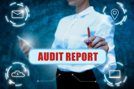 Conceptual display Audit Report. Business showcase An appraisal of complete financial status of a business Assets Lady In Uniform Holding Tablet In Hand Virtually Typing Futuristic Tech.の写真素材