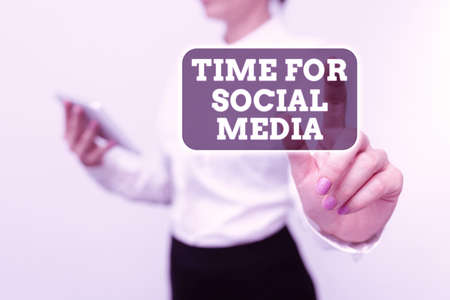 Hand writing sign Time For Social Media. Word Written on explore webs and apps Meet Share ideas quickly Presenting New Technology Ideas Discussing Technological Improvementの写真素材