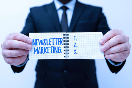 Writing displaying text Newsletter Marketing. Word for act of sending a commercial messages to customer Presenting New Plans And Ideas Demonstrating Planning Processの写真素材