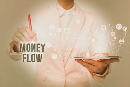 Text sign showing Money Flow. Business approach it is an indicator of positive or negative in a current day Lady In Uniform Standing And Holding Tablet Showing Futuristic Technology.の写真素材