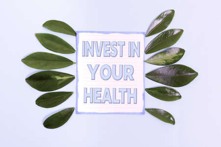 Conceptual display Invest In Your Health. Internet Concept put money on maintenance or improvement of your health Nature Theme Presentation Ideas And Designs, Displaying Renewable Materialsの写真素材