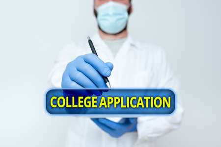 Text caption presenting College Application. Concept meaning individuals apply to gain entry into a college Scientist Demonstrating New Technology, Doctor Giving Medical Adviceの写真素材