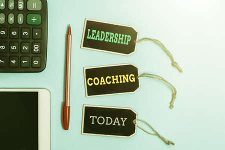 Text caption presenting Leadership Coaching. Conceptual photo individualized process that builds a leader s is capability Collection of Blank Empty Sticker Tags Tied With A String For Informationの写真素材