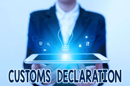 Conceptual caption Customs Declaration. Business idea Official document showing goods being imported Lady In Uniform Holding Touchpad Showing Futuristic Virtual Interface.