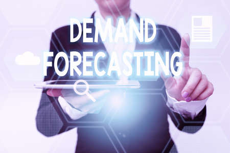 Text showing inspiration Demand Forecasting. Business showcase predict customer demand to optimize supply decisions Woman In Suit Holding Tablet Pointing Finger On Futuristic Virtual Button.の写真素材