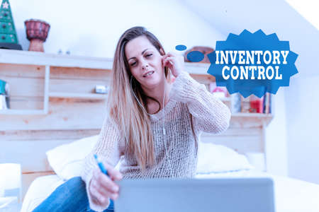 Text sign showing Inventory Control. Business concept regulating and maximizing your company s is inventory Casual Internet Surfing, Student Researching Online Websitesの写真素材