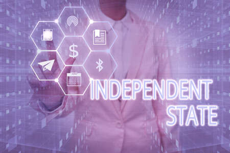 Hand writing sign Independent State. Business overview ability of the state to be independent and have autonomy Lady In Uniform Holding Tablet In Hand Virtually Tapping Futuristic Tech.の写真素材